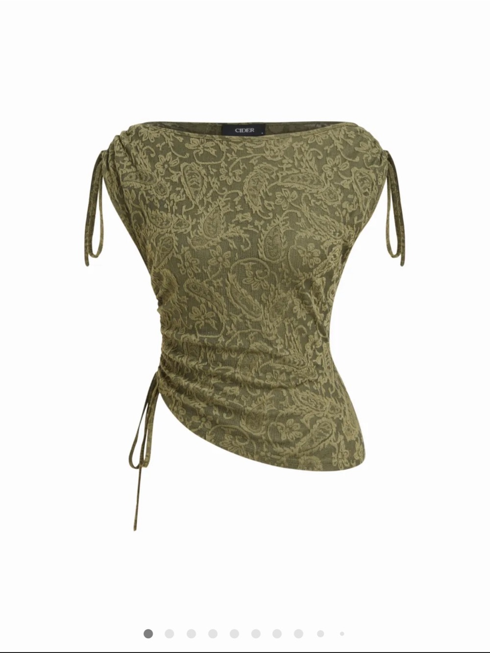 Cider Olive Paisley Boatneck Ruched Tie-Shoulder Top NWT